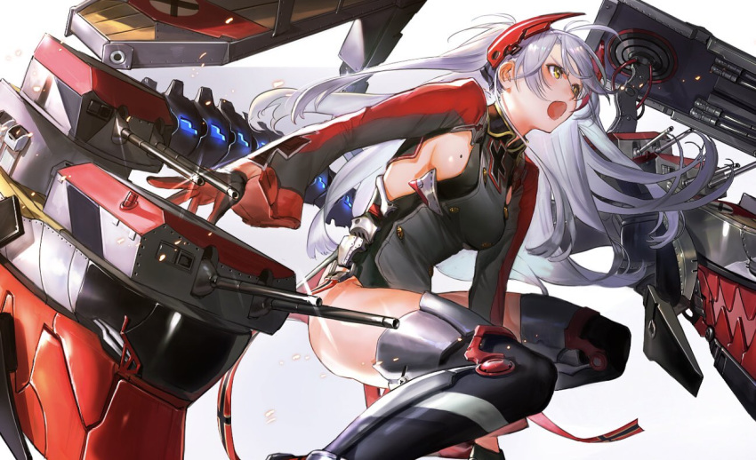 1girl azur_lane bangs breasts buttons commentary_request cross double-breasted gloves grey_background iron_cross lal!role long_hair long_sleeves machinery mole mole_on_breast multicolored_hair open_mouth prinz_eugen_(azur_lane) red_headwear sideboob simple_background solo squatting streaked_hair thigh-highs turret white_hair yellow_eyes
