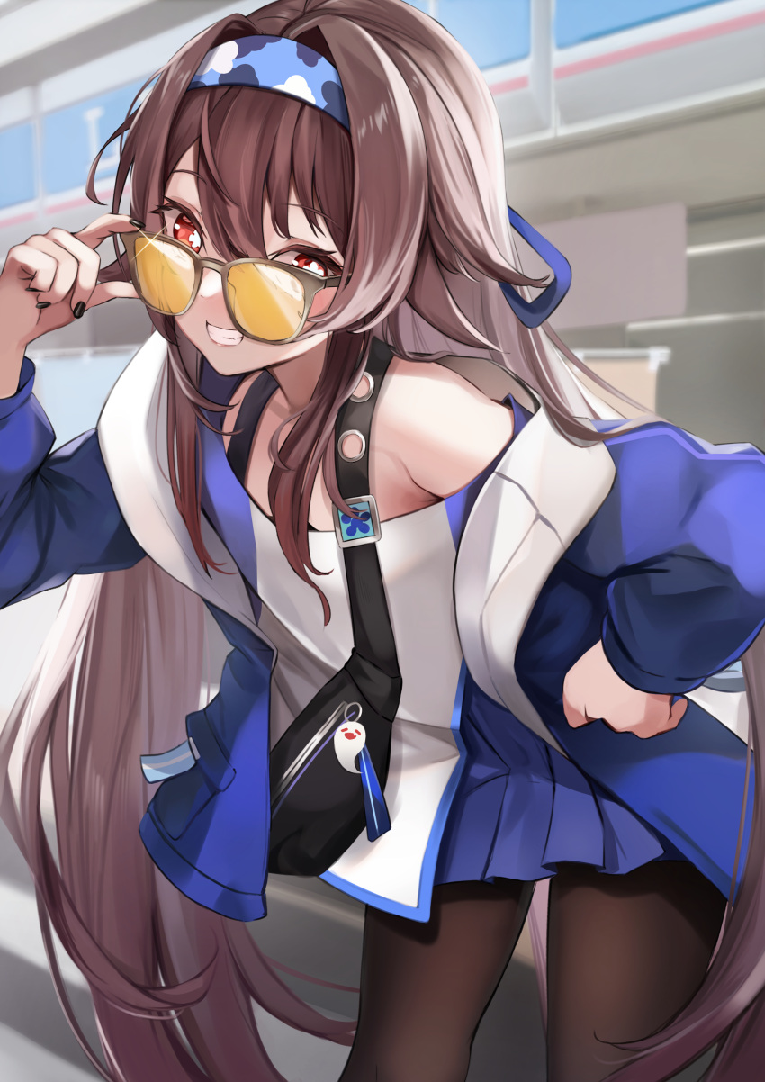 1girl absurdres bag bare_shoulders black_nails blue_jacket blue_skirt boo_tao_(genshin_impact) brown_hair brown_pantyhose cowboy_shot flower-shaped_pupils genshin_impact glint grin hairband hand_on_eyewear hand_on_hip highres hu_tao_(genshin_impact) jacket lawson leaning_back long_hair looking_at_viewer off-shoulder_shirt off_shoulder official_alternate_costume open_clothes open_jacket outdoors pantyhose pleated_skirt red_eyes shirt shoulder_bag skirt smile solo standing sunglasses symbol-shaped_pupils thighs tinted_eyewear twintails very_long_hair yellow-tinted_eyewear yutoriko_(candy0905)