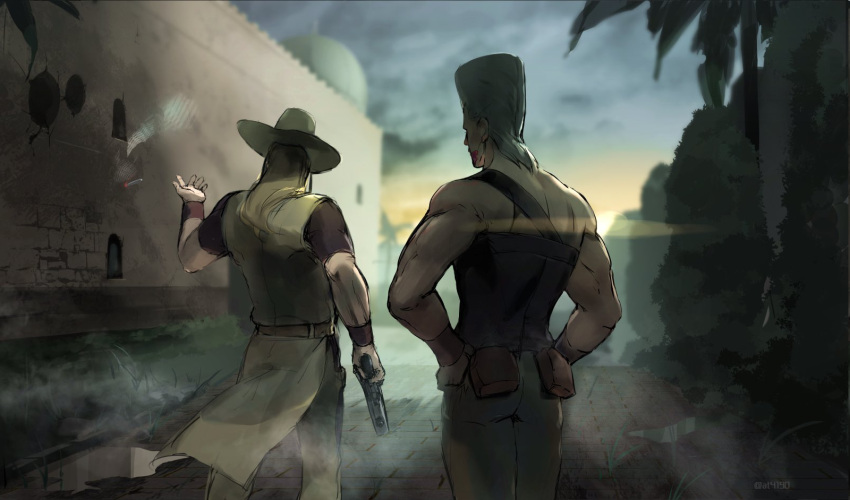 2boys at4190_(user_vzac7788) black_shirt blonde_hair blue_sky clouds cloudy_sky earrings egypt emperor_(stand) gun highres hol_horse holding holding_gun holding_weapon jean_pierre_polnareff jewelry jojo_no_kimyou_na_bouken long_hair male_focus multiple_boys outdoors palm_tree pants shirt single_strap sky stand_(jojo) stardust_crusaders tree weapon white_hair white_pants yellow_shirt