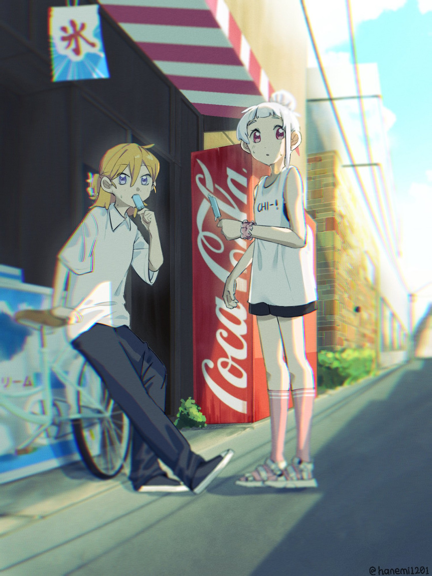 2girls :o arashi_chisato bicycle black_pants blonde_hair blue_eyes blurry blurry_background brick_wall brown_eyes bush camisole chromatic_aberration clothes_writing coca-cola collared_shirt copyright_request day depth_of_field food ground_vehicle hair_between_eyes hair_bun hanemi highres holding holding_food kneehighs love_live! love_live!_superstar!! multiple_girls outdoors pants pink_scrunchie pink_socks popsicle power_lines sandals scrunchie shibuya_kanon shirt shoes short_hair short_sleeves single_hair_bun sneakers socks standing summer vending_machine white_camisole white_hair white_shirt wrist_scrunchie
