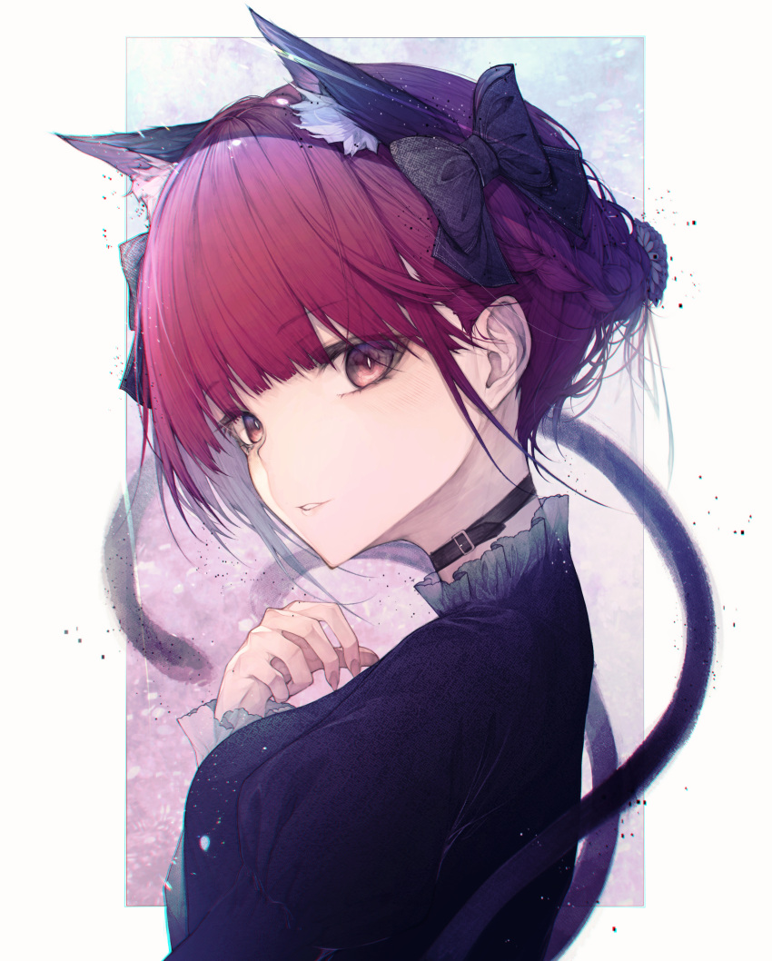 1girl absurdres animal_ears bangs black_bow black_dress blush bow braid breasts cat_ears choker collar collarbone collared_shirt dress extra_ears frilled_dress frilled_sleeves frills hair_bow hair_ornament hand_up highres hito_komoru kaenbyou_rin long_sleeves looking_at_viewer medium_hair multiple_tails nekomata red_eyes red_nails redhead shirt simple_background small_breasts smile solo tail touhou twin_braids two_tails upper_body