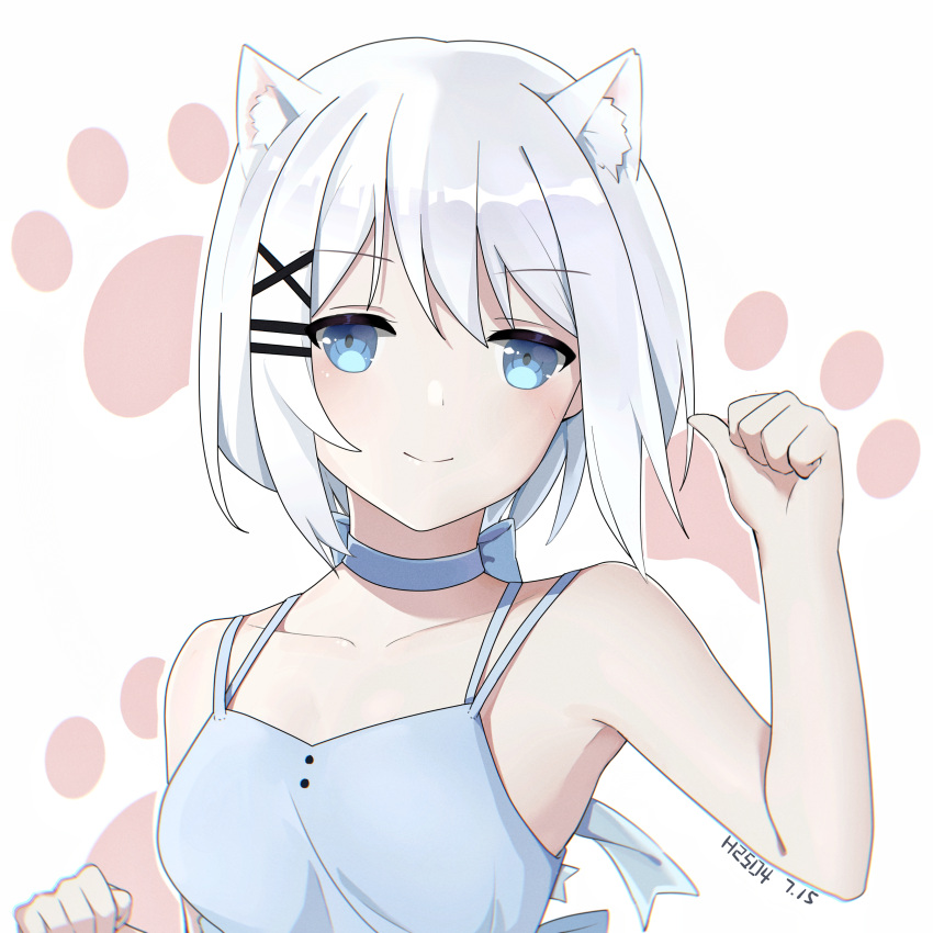 1girl absurdres animal_ears bangs bare_arms blue_bow blue_choker blue_eyes blue_shirt bow cat_ears cat_girl choker closed_mouth collarbone h2so4-c hair_between_eyes highres kemonomimi_mode looking_at_viewer outline paw_print paw_print_background shiny shiny_hair shirt short_hair siesta_(tantei_wa_mou_shindeiru) sleeveless sleeveless_shirt smile solo spaghetti_strap tantei_wa_mou_shindeiru upper_body white_background white_hair