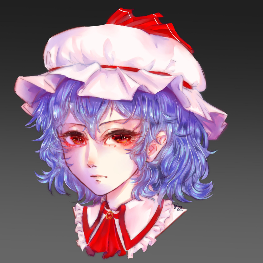 1girl ascot blue_hair cropped_shoulders frills gradient gradient_background grey_background hat hat_ribbon highres karyodares looking_at_viewer mob_cap portrait red_eyes red_ribbon remilia_scarlet ribbon short_hair simple_background solo touhou