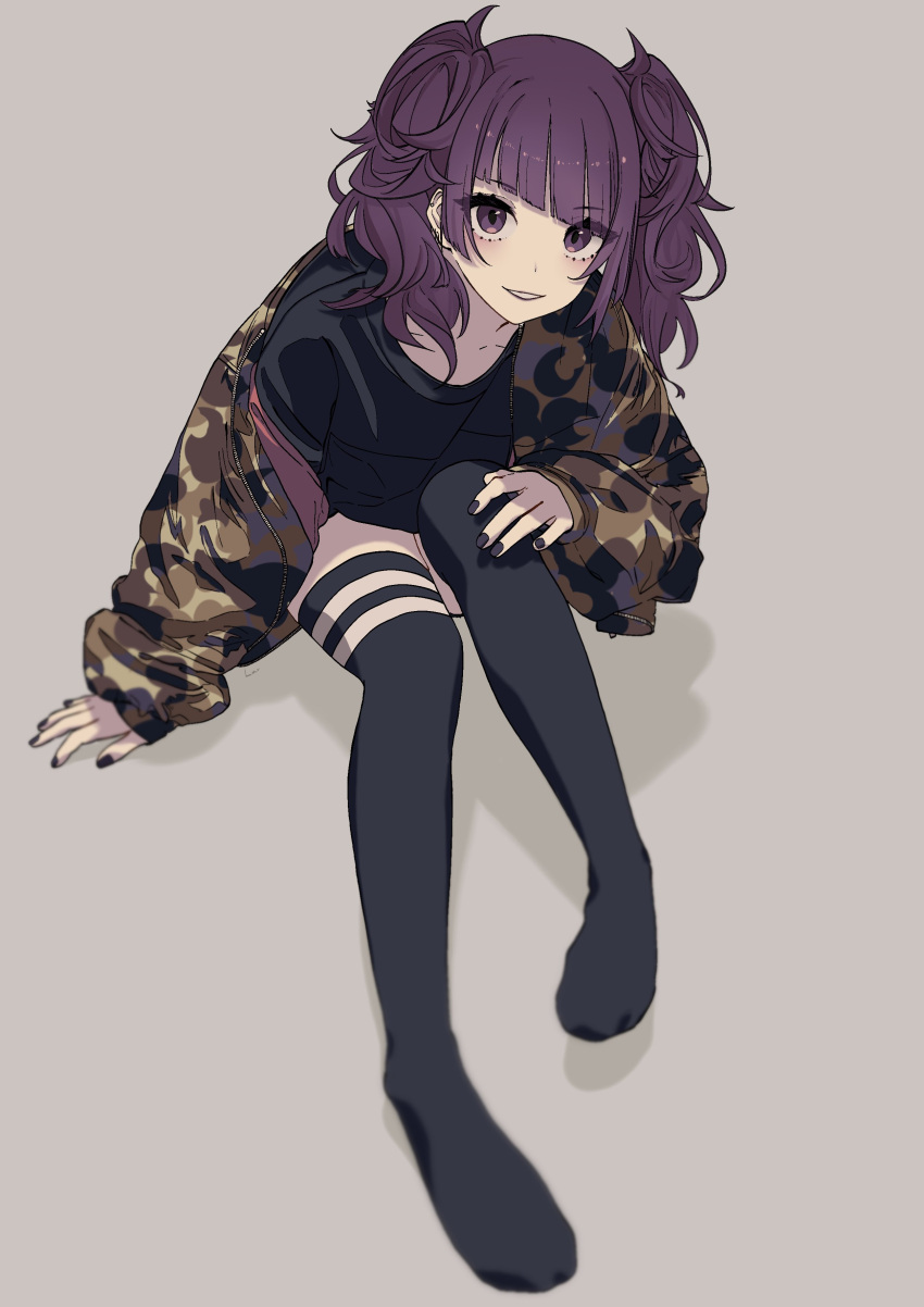 1girl absurdres bangs black_nails black_thighhighs camouflage camouflage_jacket diagonal_bangs grin highres idolmaster idolmaster_shiny_colors jacket looking_at_viewer luvluvvox purple_hair sitting smile solo tanaka_mamimi thigh-highs twintails violet_eyes