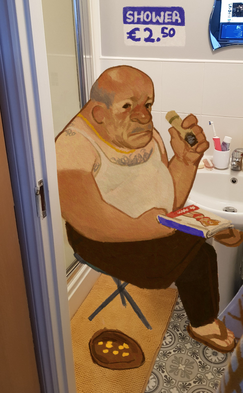 1boy absurdres bare_shoulders bathroom closed_mouth crossed_legs electric_toothbrush fat faucet grey_hair highres holding holding_magazine holo_tape indoors magazine_(object) male_focus obese on_stool open_door original photo_background shirt sink sitting sleeveless sleeveless_shirt slippers soap solo toothpaste ugly_man white_shirt