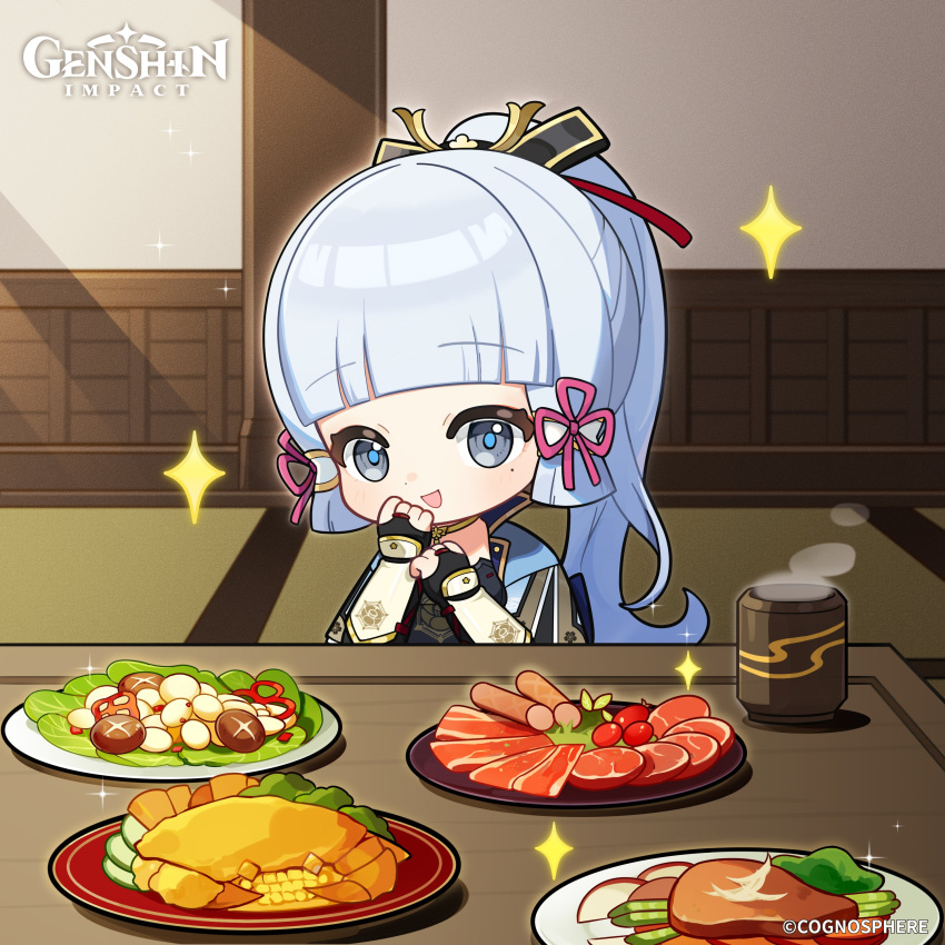 1girl absurdres bangs blunt_bangs bridal_gauntlets chibi commentary copyright_name crab cup english_commentary food genshin_impact hair_ornament hands_up high_ponytail highres indoors kamisato_ayaka long_hair looking_at_viewer meat mole mole_under_eye mushroom official_art open_mouth plate smile solo sparkle steam table upper_body