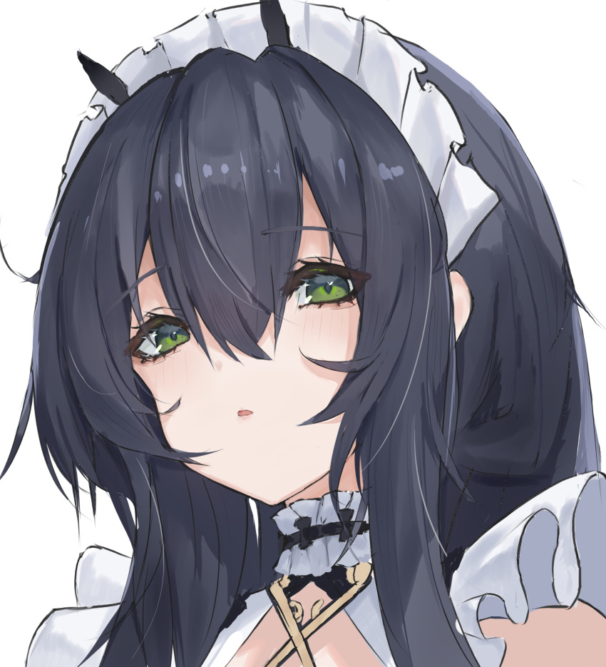 1girl :o azur_lane bangs black_hair green_eyes highres indomitable_(azur_lane) indomitable_(ms._motivationless_maid)_(azur_lane) light_blush long_hair looking_at_viewer lump_saury maid maid_headdress official_alternate_costume open_mouth parted_lips portrait solo upper_body white_background