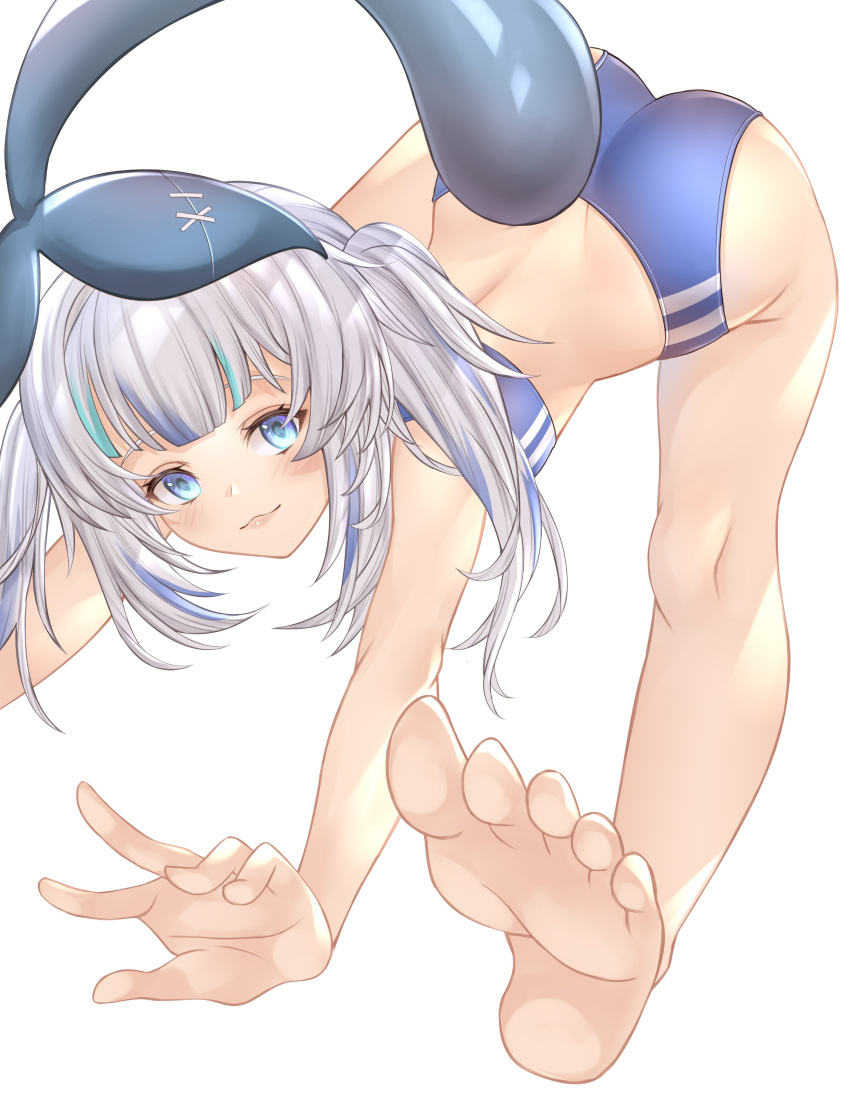 1girl :3 absurdres aqua_hair ass bare_legs bare_shoulders blue_eyes blue_hair fish_tail gawr_gura grey_hair highres hololive hololive_english honkivampy looking_at_viewer multicolored_hair photoshop_(medium) shark_tail short_shorts shorts smile solo sports_bra stitches streaked_hair tail twintails virtual_youtuber
