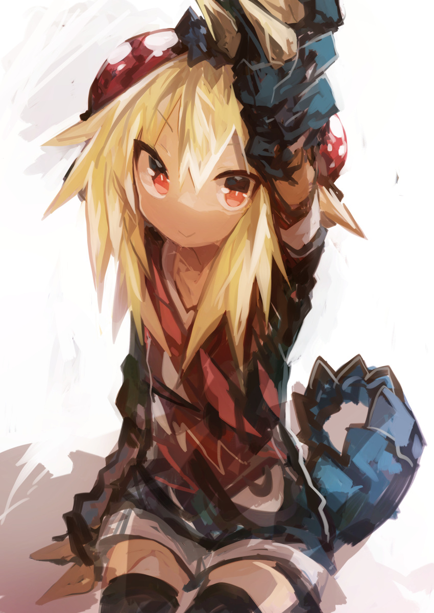 1girl absurdres animal_hands arm_up black_thighhighs blonde_hair blue_shirt claws extra_eyes highres kaamin_(mariarose753) long_hair looking_at_viewer monster_girl orange_eyes original red_shirt reptile_girl shadow shirt short_sleeves shorts simple_background sitting smile solo tail thigh-highs tokage_(kaamin) upper_body white_background white_shorts