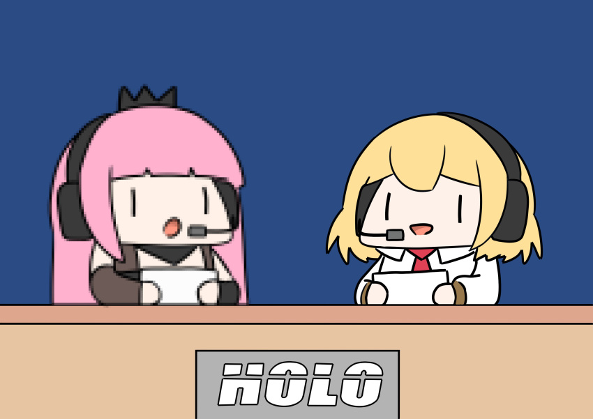 2girls :d :o absurdres bangs blonde_hair blue_background chibi commentary desk flat_color headphones headset highres holding holding_paper hololive hololive_english long_hair long_sleeves microphone mori_calliope multiple_girls necktie news paper phdpigeon pink_hair pixelated red_necktie sitting smile smol_ame smol_calli tiara virtual_youtuber watson_amelia wing_collar |_|