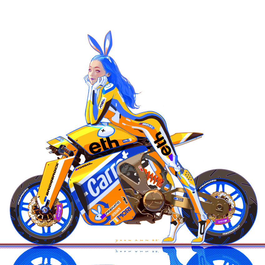 1girl absurdres animal_ears blue_hair bodysuit dated elbow_rest english_commentary extra_ears full_body grey_eyes ground_vehicle head_rest highres joon_ahn leaning_forward lipstick long_hair makeup motor_vehicle motorcycle original purple_lips rabbit_ears reflection simple_background standing tiptoes white_background