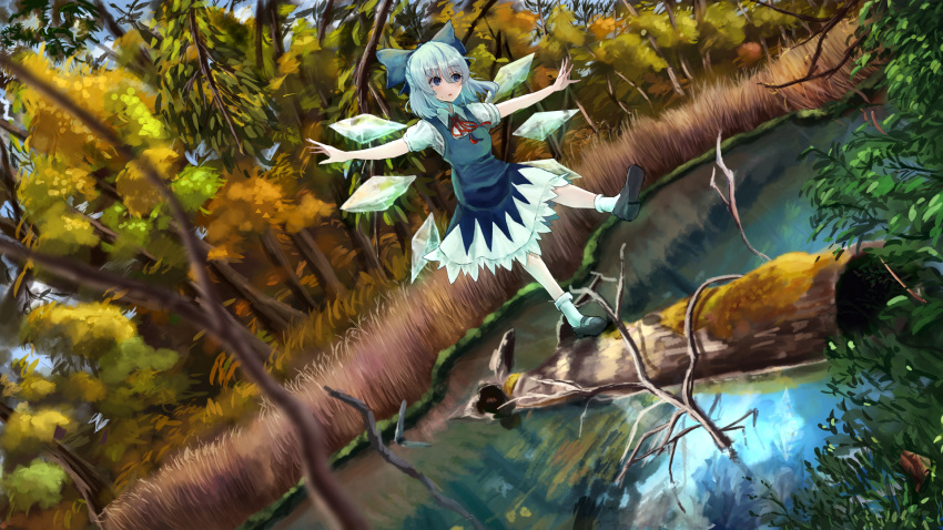 1girl blue_bow blue_dress blue_eyes blue_hair bow branch cirno dress hair_between_eyes highres ice ice_wings jody_know-grow-help leaf log looking_to_the_side mary_janes moss open_mouth outstretched_arms shoes socks standing standing_on_one_leg tall_grass touhou tree water wings