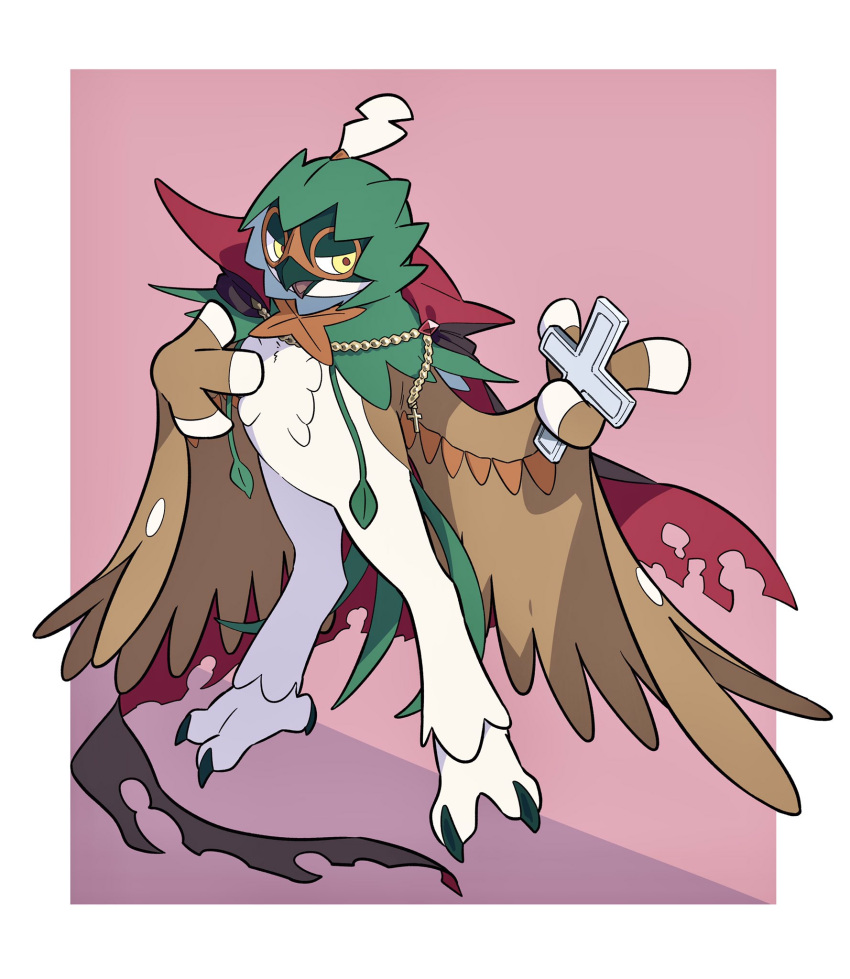 border chain cross decidueye full_body highres holding no_humans open_mouth pkpokopoko3 pokemon pokemon_(creature) purple_background red_pupils solo talons white_border yellow_eyes