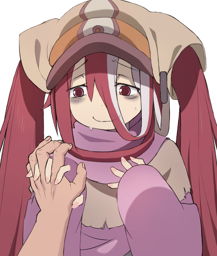 1boy 1girl absurdres bags_under_eyes bitseon closed_mouth embarrassed hands_up hat head_scarf hetero highres holding_hands holding_hands_is_lewd long_hair made_in_abyss purple_robe red_eyes redhead robe simple_background smile sweat twintails veko white_background