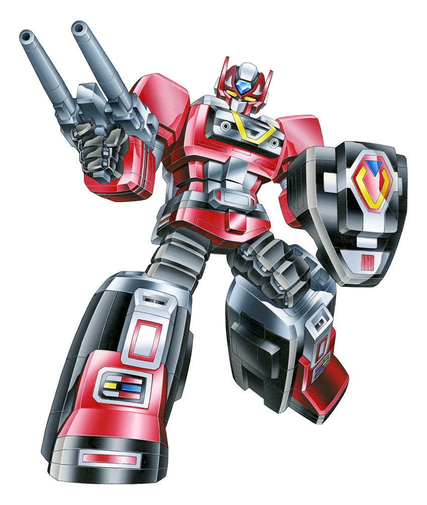 1980s_(style) acrylic_paint_(medium) alnas_(lilis) chikyuu_sentai_fiveman gun head_tilt highres holding holding_gun holding_shield holding_weapon looking_at_viewer mecha no_humans painting_(medium) retro_artstyle robot shield solo star_five_(fiveman) super_sentai tokusatsu traditional_media weapon white_background yellow_eyes