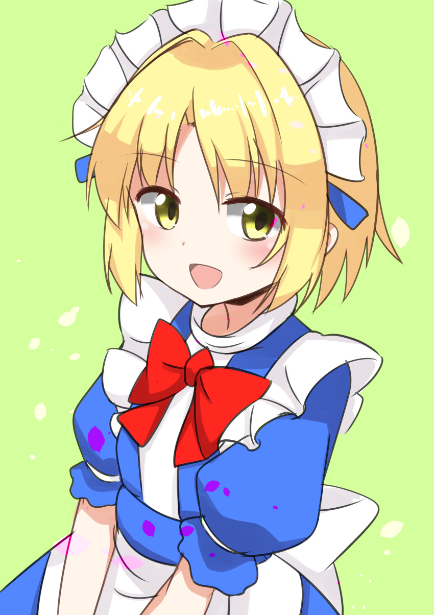 1girl absurdres apron blonde_hair blue_dress blush bow bowtie dress green_background happy highres looking_at_viewer maid maid_headdress mugetsu_(touhou) open_mouth puffy_short_sleeves puffy_sleeves red_bow red_bowtie short_sleeves simple_background solo touhou touhou_(pc-98) upper_body waist_apron waist_bow white_apron white_bow yellow_eyes yomoguro