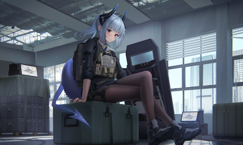 1girl ankle_boots anklet arknights backpack bag black_footwear black_pantyhose black_shirt black_skirt blush boots box brown_pantyhose bulletproof_vest closed_mouth crossed_legs day dragon_girl dragon_horns dragon_tail full_body grey_hair highres horns indoors jewelry liskarm_(arknights) liskarm_(overload)_(arknights) long_hair long_sleeves looking_at_viewer official_alternate_costume pantyhose ponytail red_eyes riot_shield shield shirt sitting sketch skirt solo sthk tablet_pc tactical_clothes tail thigh_strap v-shaped_eyebrows vest window yellow_eyes