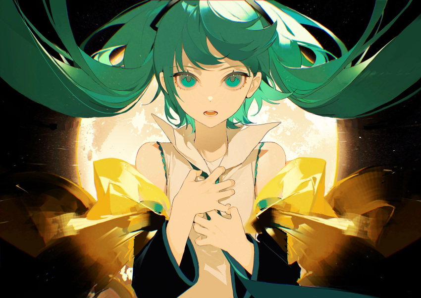 1girl absurdres aqua_eyes aqua_hair black_sleeves blue_necktie chongzhen_085 collared_shirt commentary detached_sleeves floating_hair hair_ornament hands_on_own_chest hatsune_miku highres long_hair looking_at_viewer necktie open_mouth shawl shirt sleeveless sleeveless_shirt solo symbol-only_commentary teeth twintails upper_body vocaloid white_shirt
