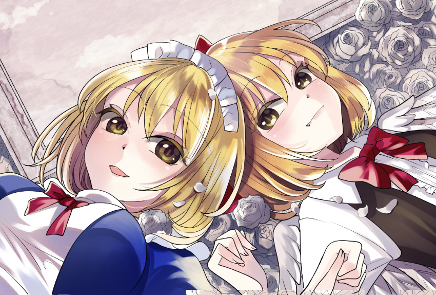 2girls angel_wings blonde_hair blue_dress bow bowtie breasts brown_vest closed_mouth collared_dress commentary_request dress fang feathered_wings flower gengetsu_(touhou) hair_bow highres katayama_kei lips looking_at_viewer lying maid maid_headdress medium_breasts mugetsu_(touhou) multiple_girls on_back open_mouth red_bow red_bowtie rose short_hair siblings sisters touhou touhou_(pc-98) vest white_dress white_flower white_rose white_wings wings yellow_eyes