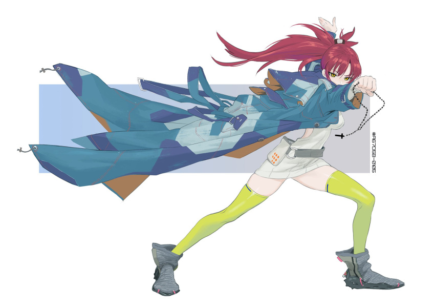 1girl arm_up bangs belt blue_jacket breasts cross cross_necklace green_thighhighs grey_footwear highres jacket jewelry ladic lunge medium_breasts meme_attire necklace original ponytail rectangle redhead simple_background solo thigh-highs virgin_killer_sweater white_background yellow_eyes