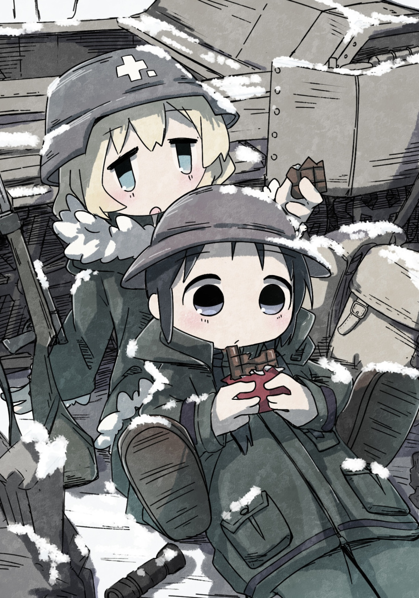 2girls bag bangs black_eyes black_hair blonde_hair blue_eyes blush boots brodie_helmet brown_footwear candy chito_(shoujo_shuumatsu_ryokou) chocolate chocolate_bar coat commentary_request cross food fur-trimmed_coat fur_trim green_coat green_pants gun helmet highres holding holding_chocolate holding_food kettenkrad military military_helmet military_uniform military_vehicle multiple_girls on_person open_mouth pants rifle short_hair shoujo_shuumatsu_ryokou sitting snow stahlhelm teru_(teru11061) uniform weapon yuuri_(shoujo_shuumatsu_ryokou)