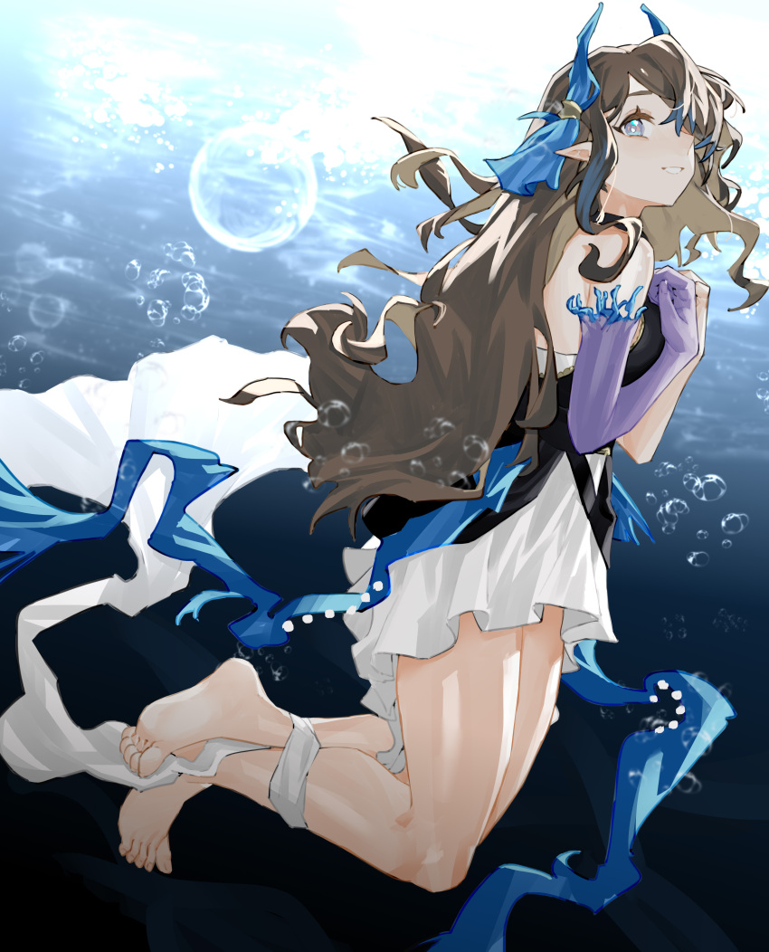 1girl absurdres arknights bare_back bare_legs bare_shoulders barefoot black_hair brown_hair bubble elbow_gloves feet gloves highmore_(arknights) highres long_hair looking_at_viewer no_shoes ocean one_eye_covered pointy_ears purple_gloves renxzd skirt soles underwater water white_skirt