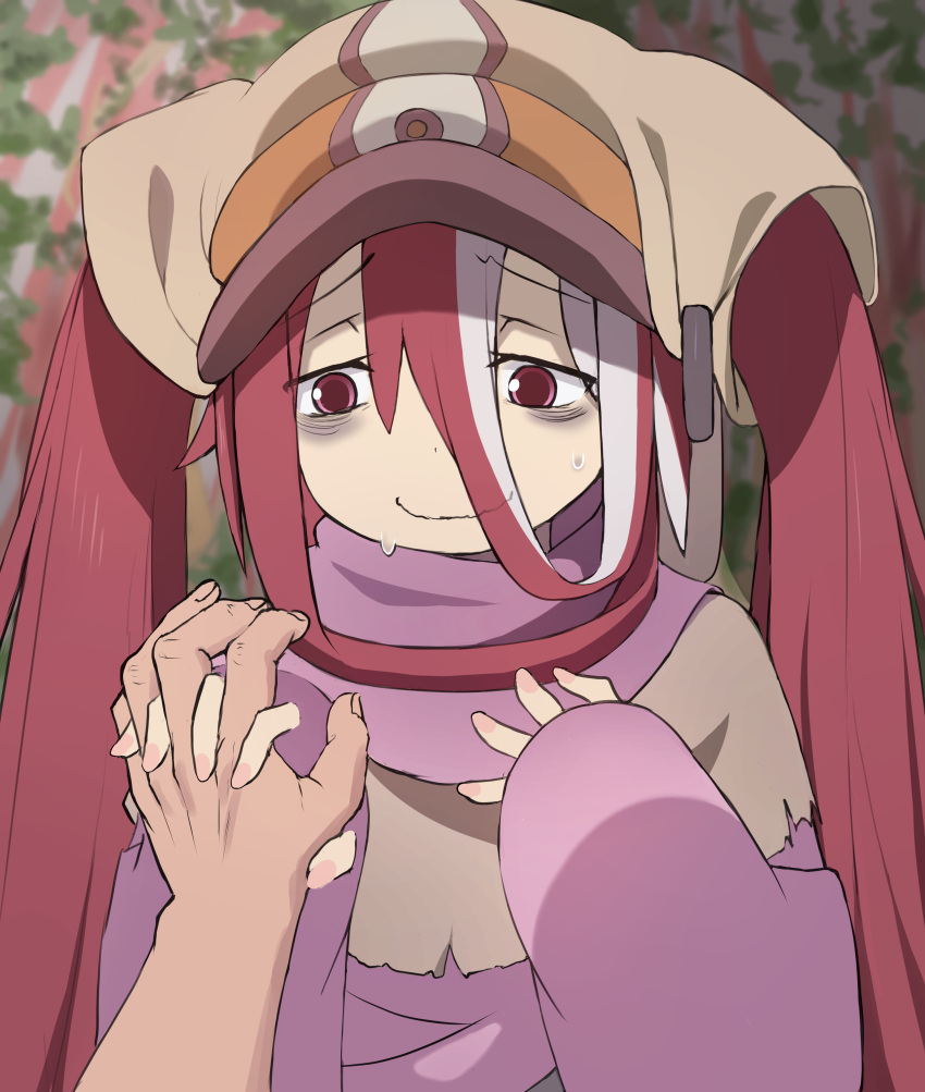 1boy 1girl absurdres bags_under_eyes bitseon closed_mouth embarrassed hands_up hat head_scarf hetero highres holding_hands holding_hands_is_lewd long_hair made_in_abyss purple_robe red_eyes redhead robe smile sweat twintails veko