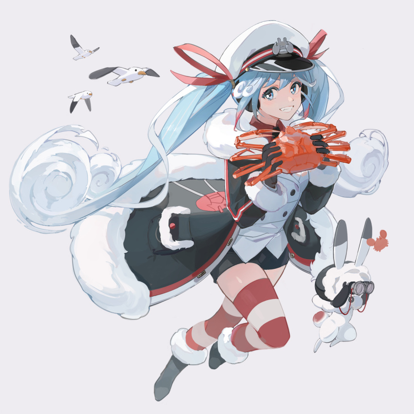 1girl animal binoculars bird black_coat black_gloves black_necktie blue_hair boots buttons coat crab double-breasted fang fur-trimmed_coat fur-trimmed_hood fur_boots fur_trim gloves hair_ribbon hat hatsune_miku highres holding holding_animal hood its8b light_blue_hair long_hair looking_at_viewer necktie peaked_cap rabbit rabbit_yukine red_ribbon red_thighhighs ribbon sailor seagull simple_background smile striped striped_thighhighs thigh-highs twintails vocaloid white_headwear white_thighhighs yuki_miku yuki_miku_(2022)