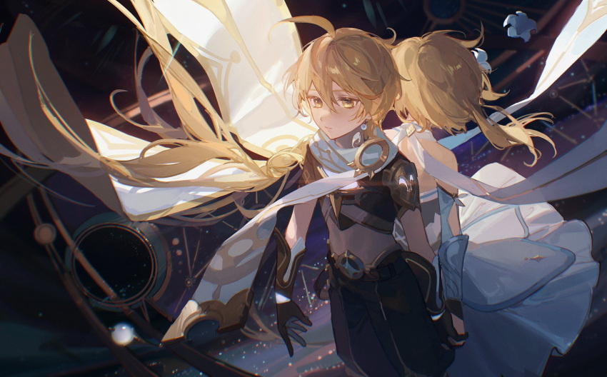 1boy 1girl aether_(genshin_impact) ahoge bangs belt black_pants blonde_hair brother_and_sister brown_gloves brown_shirt cape commentary_request cropped_shirt dress earrings eyelashes facing_away floating_hair flower genshin_impact gloves gold_trim hair_between_eyes hair_flower hair_ornament highres jewelry long_hair looking_at_viewer lumine_(genshin_impact) midriff navel pants parted_lips partially_fingerless_gloves ponytail scarf shirt short_hair short_hair_with_long_locks short_sleeves siblings sidelocks sleeveless sleeveless_dress star_(symbol) stomach vambraces very_long_hair white_cape white_dress white_flower white_scarf yellow_eyes yurayura_(mdeh5447)