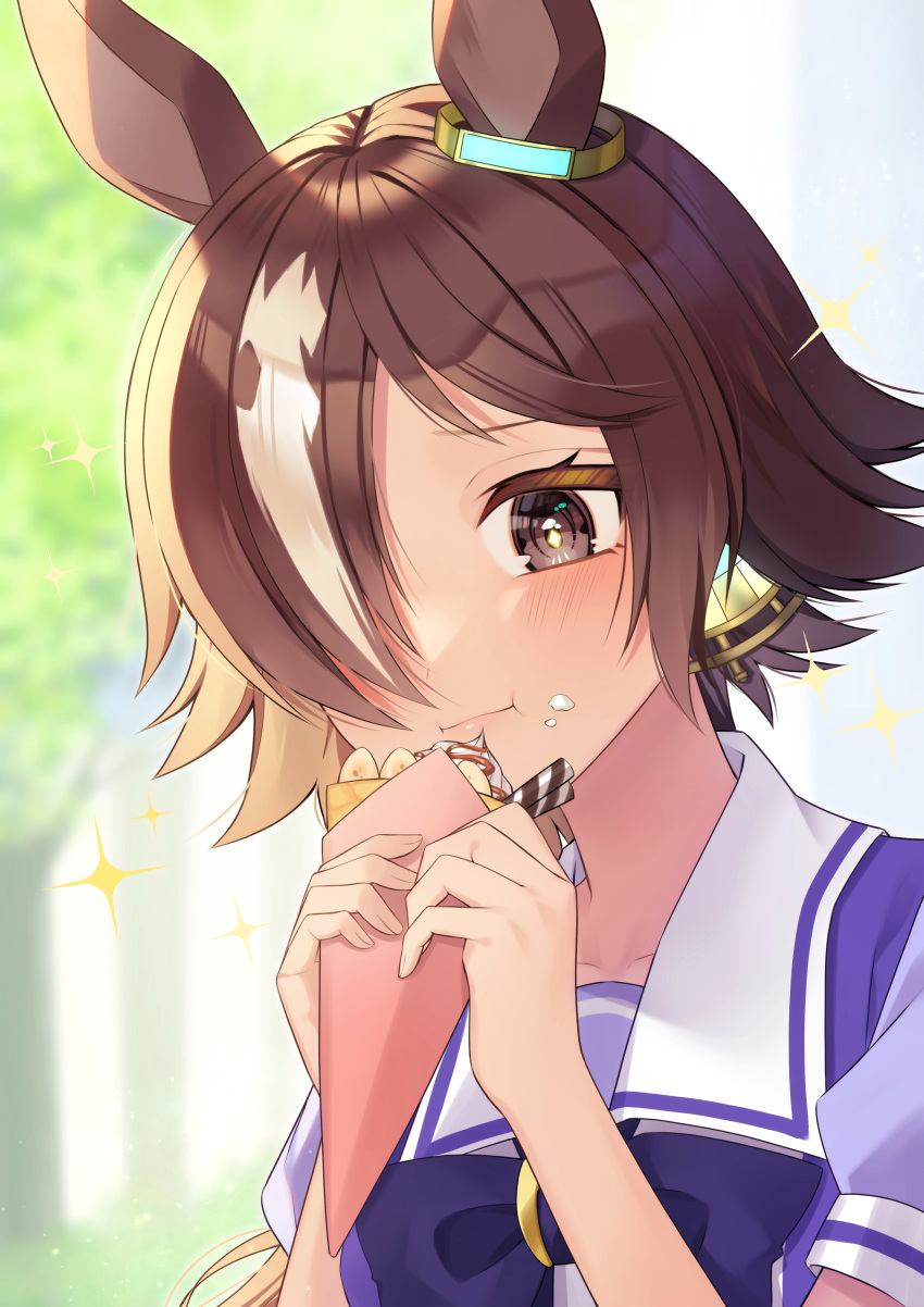 1girl absurdres animal_ears be_imaro brown_eyes brown_hair closed_mouth crepe ear_ornament eating food hair_over_one_eye highres holding holding_food horse_ears horse_girl multicolored_hair purple_serafuku school_uniform serafuku short_hair solo sparkle streaked_hair tracen_school_uniform umamusume vodka_(umamusume)