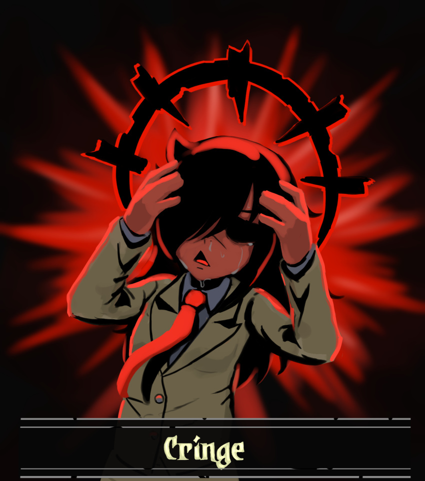 1girl affliction_(darkest_dungeon) black_hair darkest_dungeon hands_on_own_face highres kuroki_tomoko kurokimoko open_mouth school_uniform screaming self_upload tears video_game watashi_ga_motenai_no_wa_dou_kangaetemo_omaera_ga_warui!