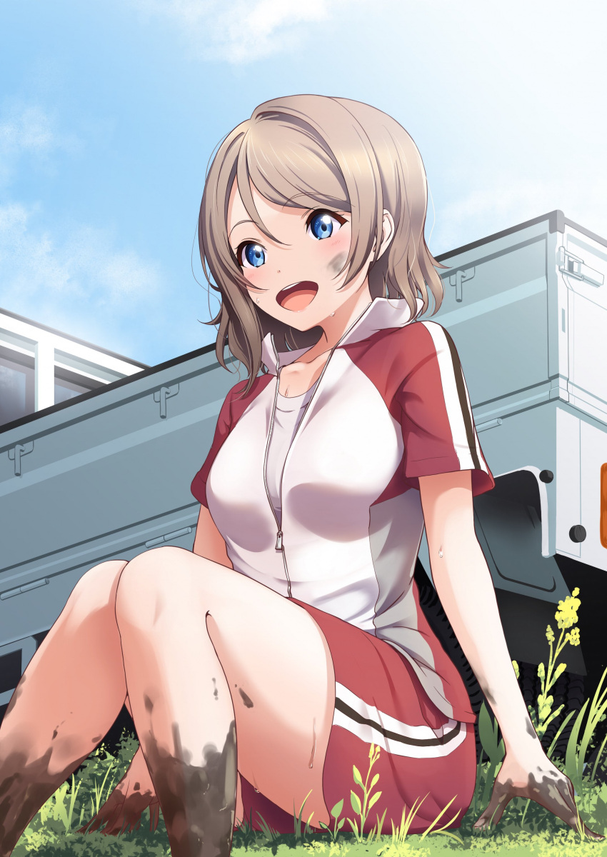 1girl :d absurdres amagi_(volfuji) blue_eyes commentary day dirty dirty_hands grass ground_vehicle highres knees_up light_brown_hair looking_at_viewer love_live! love_live!_sunshine!! medium_hair motor_vehicle mud muddy outdoors partially_unzipped red_shirt red_shorts shirt short_sleeves shorts sitting smile solo truck two-tone_shirt watanabe_you white_shirt