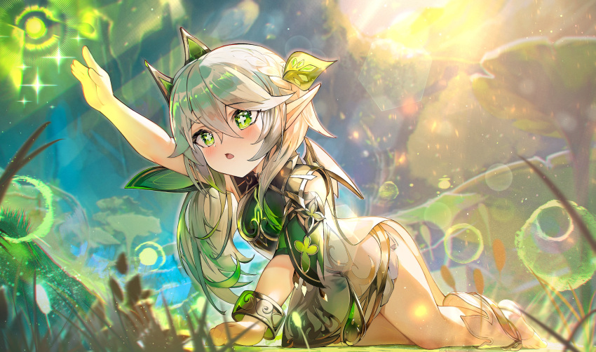 1girl absurdres all_fours arm_up bangs bare_shoulders blue_sky blush bracelet breasts crossed_bangs detached_sleeves dress flower flower-shaped_pupils genshin_impact grass green_dress green_eyes grey_hair hair_between_eyes hand_up highres janyhero jewelry leaf long_hair long_sleeves looking_to_the_side medium_breasts nahida_(genshin_impact) nature open_mouth outdoors pointy_ears ponytail scenery sky solo sparkle star_(symbol) sun sunlight symbol-shaped_pupils tree white_dress wide_sleeves