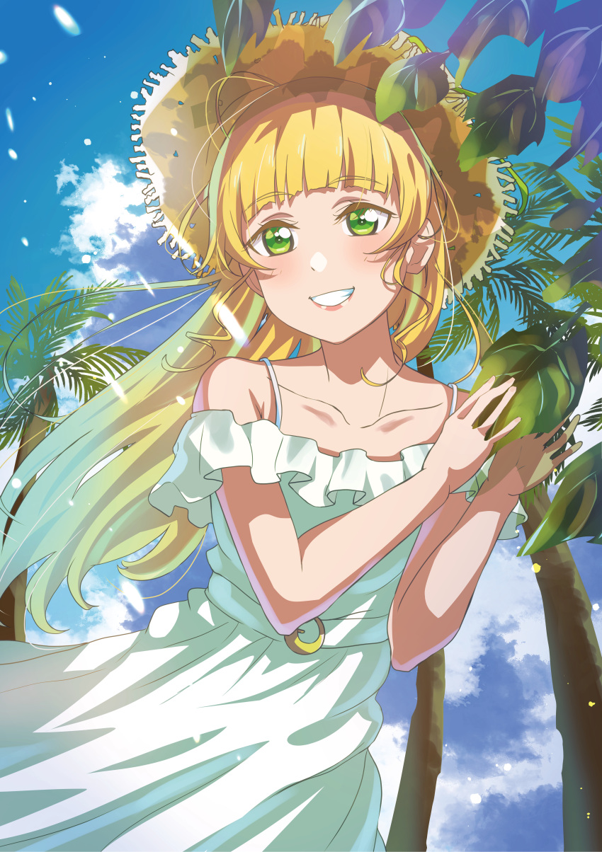 1girl absurdres al_aoi_aoba bangs birthday blonde_hair blue_sky clouds cloudy_sky collarbone commentary dress green_eyes grin heanna_sumire highres long_hair looking_at_viewer love_live! love_live!_superstar!! sky smile tree upper_body white_dress