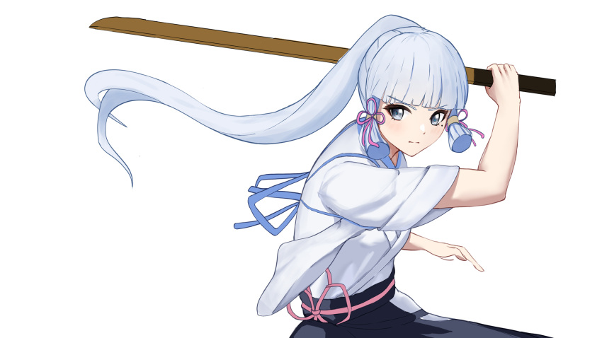 1girl bangs blue_eyes blue_hair blunt_bangs clisapex closed_mouth commentary_request genshin_impact hair_ribbon highres holding holding_sword holding_weapon japanese_clothes kamisato_ayaka light_blue_hair looking_at_viewer mole mole_under_eye pink_ribbon ribbon simple_background solo sword tress_ribbon upper_body weapon white_background wooden_sword