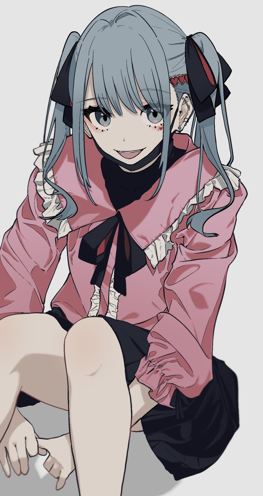 1girl :d absurdres bangs blue_eyes blue_hair ear_piercing earrings facial_mark frills hatsune_miku highres jewelry looking_at_viewer luvluvvox mask mask_pull mouth_mask piercing sitting skirt smile solo teeth twintails vampire_(vocaloid) vocaloid