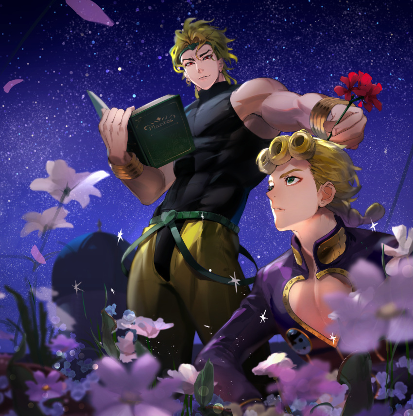 2boys abs at4190_(user_vzac7788) bare_shoulders black_shirt blonde_hair book bracelet dio_brando earrings father_and_son flower giorno_giovanna green_eyes highres holding holding_book holding_flower jacket jewelry jojo_no_kimyou_na_bouken long_hair long_sleeves looking_at_another medium_hair multiple_boys muscular muscular_male night night_sky outdoors pants pink_flower pink_jacket red_eyes red_flower red_rose rose shirt sky sleeveless star_(sky) stardust_crusaders starry_sky turtleneck vampire vento_aureo yellow_pants