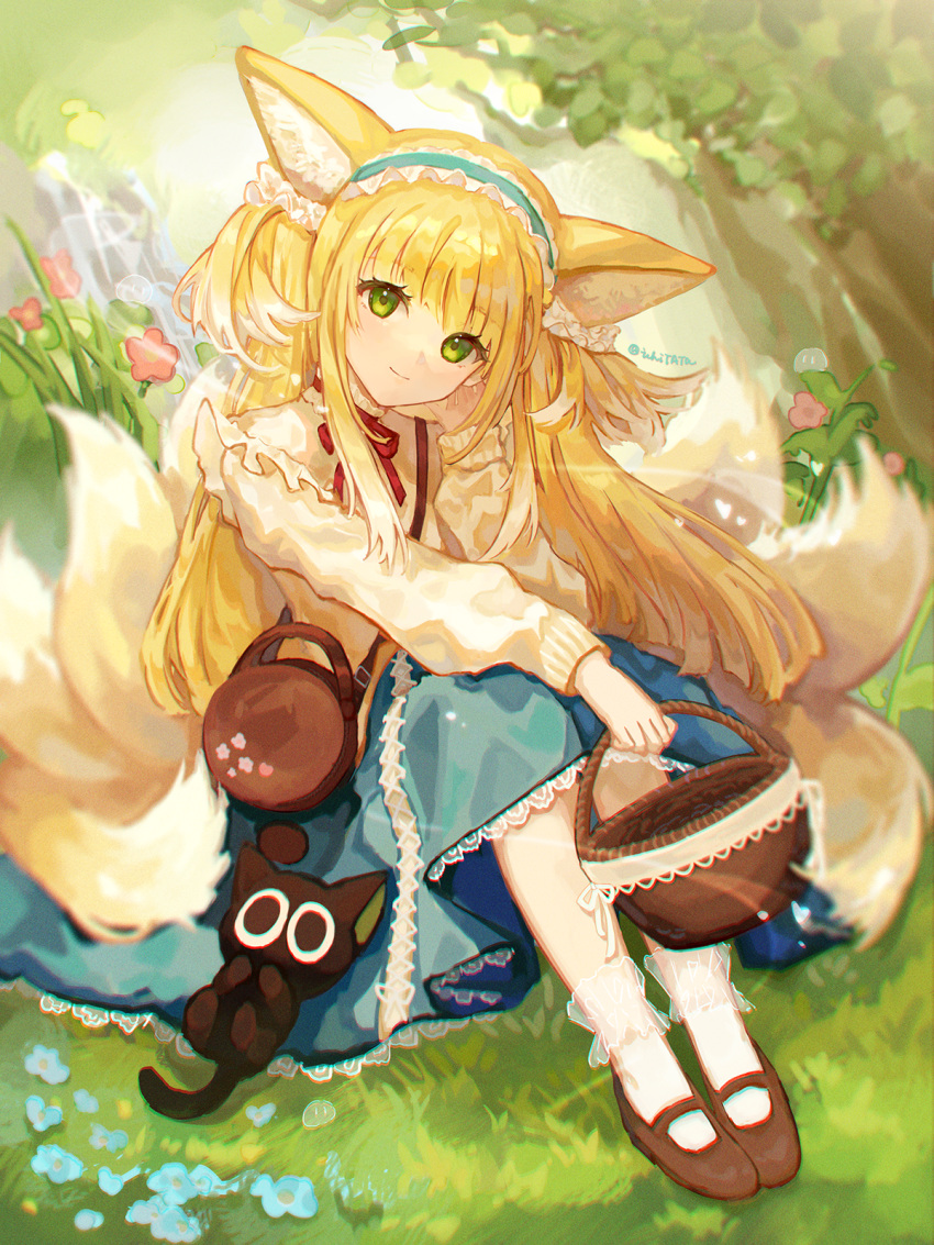 1girl animal animal_ear_fluff animal_ears arknights bag black_cat blonde_hair blue_hairband blue_skirt brown_footwear cat closed_mouth commentary_request crossover flower fox_ears fox_girl fox_tail frilled_hairband frills green_eyes hairband head_tilt highres ichita_(yixisama-shihaohaizhi) jacket kitsune long_hair long_sleeves looking_at_viewer luoxiaohei multicolored_hair neck_ribbon on_grass puffy_long_sleeves puffy_sleeves red_flower red_ribbon ribbon shoes shoulder_bag sitting skirt smile socks suzuran_(arknights) suzuran_(spring_praise)_(arknights) tail the_legend_of_luo_xiaohei twitter_username two-tone_hair two_side_up very_long_hair white_hair white_jacket white_socks