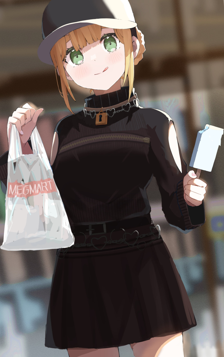 1girl absurdres bag bangs belt blonde_hair blurry cowboy_shot depth_of_field eyebrows_hidden_by_hair food green_eyes harohapi!_shinonome_megu-chan_no_oheya hat highres lock miniskirt plastic_bag popsicle popup shinonome_megu sidelocks skirt smile solo tongue tongue_out