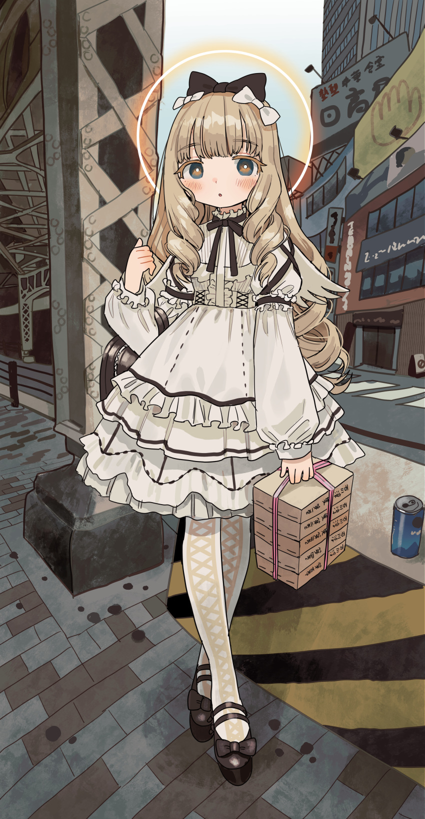 1girl absurdres angel angel_wings bangs black_bow black_footwear bow bright_pupils brown_eyes brown_hair building can city day dress feathered_wings hair_bow halo highres holding long_hair long_sleeves looking_at_viewer multiple_hair_bows original outdoors pantyhose shoes sign solo very_long_hair white_bow white_dress white_pantyhose white_pupils white_wings wings zinbei