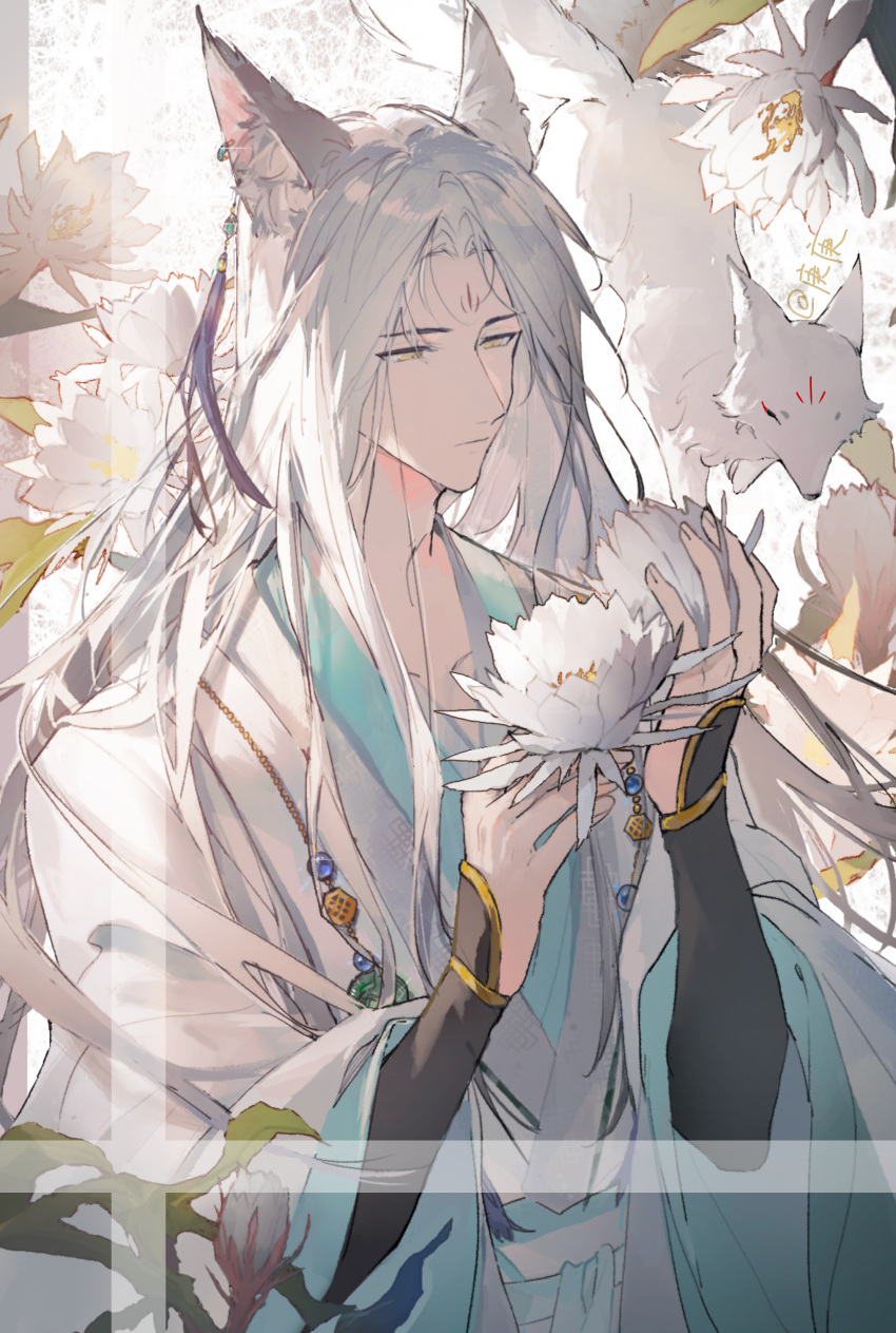 1boy absurdres animal_ears blue_gemstone chinese_clothes earrings facial_mark flower forehead_mark fox fox_boy fox_ears gem green_gemstone hair_down hanfu highres jade_(gemstone) jewelry light_and_night_love long_sleeves looking_at_another male_focus mature_male qi_sili solo tassel tassel_earrings white_flower white_hair yellow_eyes yellow_gemstone yuzu07