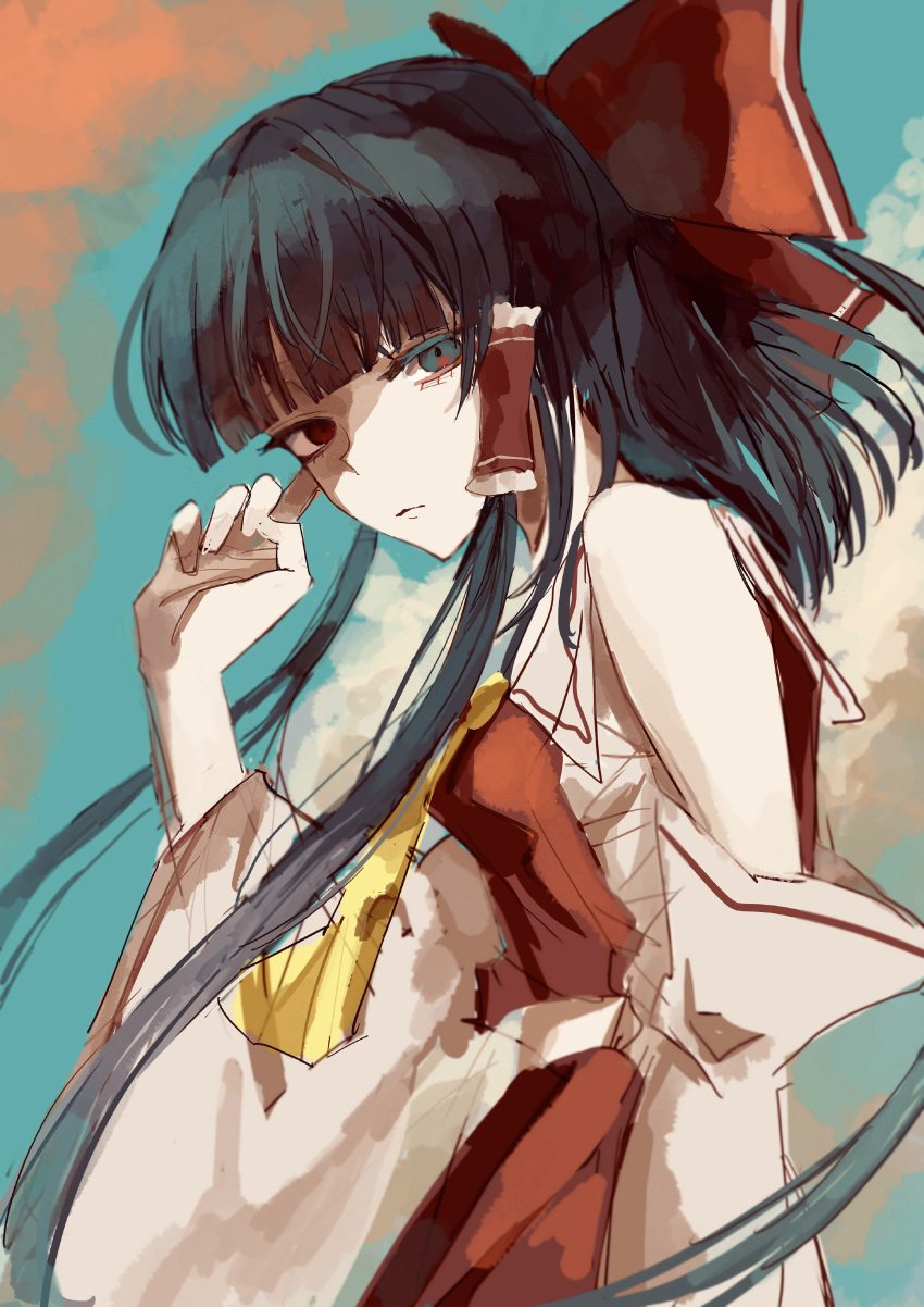 1girl absurdres ascot bangs black_hair blue_sky blunt_bangs bow closed_mouth clouds commentary cowboy_shot detached_sleeves expressionless frilled_hair_tubes frills from_side green_eyes hair_bow hair_tubes hakurei_reimu hand_up heterochromia highres index_finger_raised long_hair looking_at_viewer red_bow red_eyes red_skirt red_vest rin_(rin7kan7) sarashi skirt sky solo touhou vest white_sleeves wide_sleeves yellow_ascot