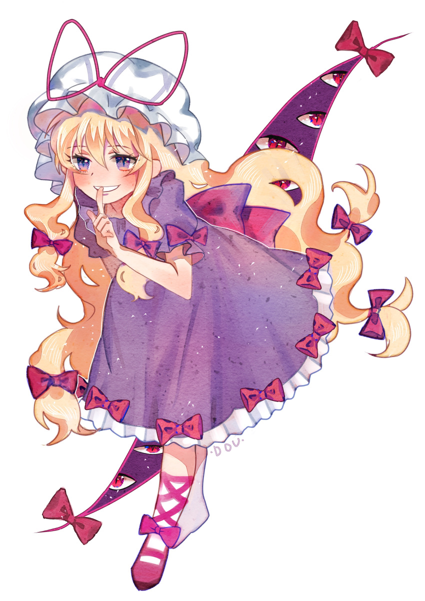 1girl absurdres back_bow bangs blonde_hair blush bow chinese_commentary commentary_request dou_(doudouzi) dress finger_to_mouth full_body gap_(touhou) grin hair_between_eyes hair_bow hand_up hat highres index_finger_raised long_hair looking_at_viewer mob_cap pink_bow pink_footwear pink_ribbon puffy_short_sleeves puffy_sleeves purple_dress ribbon shoes short_sleeves signature simple_background smile solo touhou violet_eyes white_background white_headwear yakumo_yukari