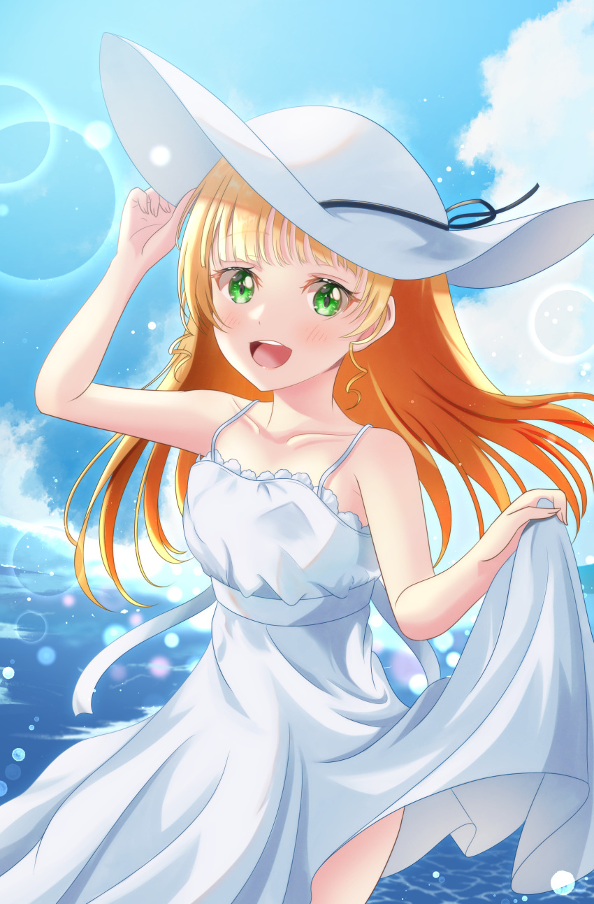 1girl absurdres bangs bare_legs blonde_hair blue_sky blunt_bangs blush clouds commentary_request dress green_eyes heanna_sumire highres lens_flare long_hair looking_at_viewer love_live! love_live!_superstar!! ocean open_mouth sa07_drawing sky smile solo sundress sunlight teeth upper_teeth white_dress white_headwear