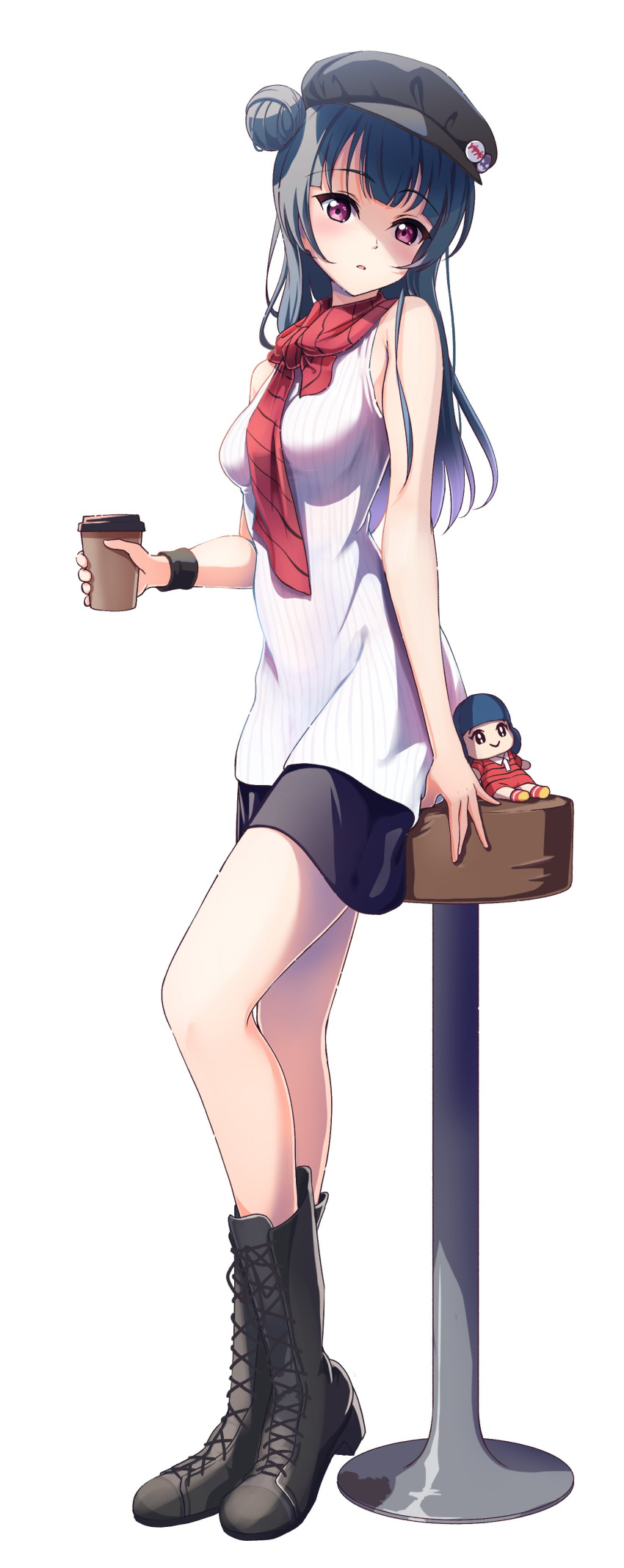 1girl absurdres alternate_costume amagi_(volfuji) black_footwear black_headwear blue_hair boots breasts cabbie_hat character_doll cross-laced_footwear cup dark_blue_hair disposable_cup full_body hair_bun hat highres holding holding_cup lace-up_boots looking_at_viewer love_live! love_live!_sunshine!! medium_breasts red_scarf ribbed_shirt scarf shirt simple_background single_side_bun sleeveless sleeveless_shirt solo standing stool tsushima_yoshiko white_background