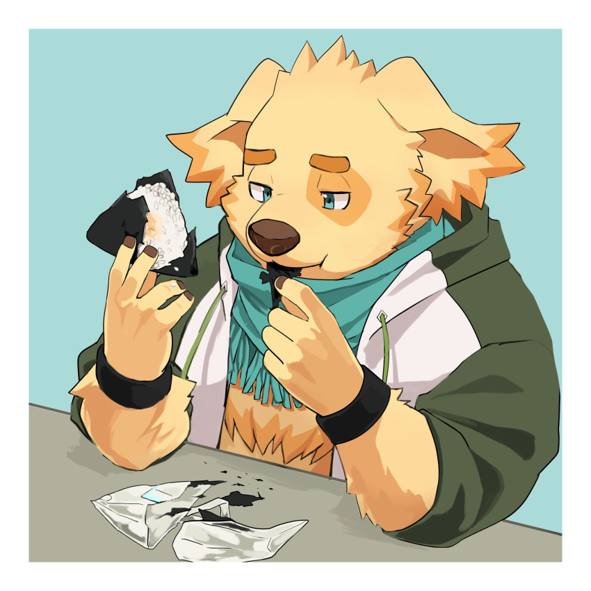 1boy animal_ears blue_background blue_eyes body_fur border commentary_request cu_sith_(housamo) dog_boy dog_ears eating food furry furry_male green_scarf highres holding holding_food hood hooded_jacket jacket male_focus nori_(h_s_050) nori_(seaweed) onigiri sad scarf short_hair solo thick_eyebrows tokyo_afterschool_summoners upper_body white_border wristband yellow_fur