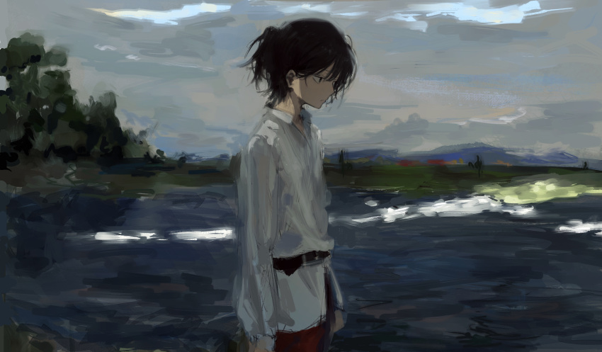 1boy 7ife absurdres belt black_eyes black_hair closed_mouth clouds cloudy_sky collared_shirt expressionless highres leather_belt looking_down male_focus original outdoors pond shirt short_hair sky solo standing tree water white_shirt