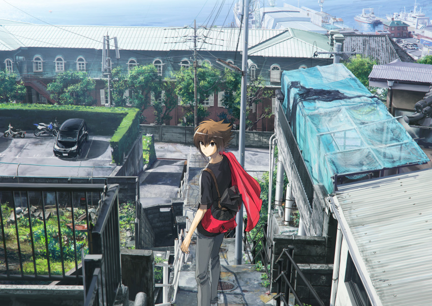 1boy black_shirt brown_eyes brown_hair building car cityscape colored_inner_hair commentary_request gate grey_pants ground_vehicle highres jacket looking_at_viewer looking_back moribuden motor_vehicle motorcycle multicolored_hair ocean pants red_bag red_jacket road ship shirt solo stairs town tree watercraft yu-gi-oh! yu-gi-oh!_duel_monsters yu-gi-oh!_gx yuuki_juudai