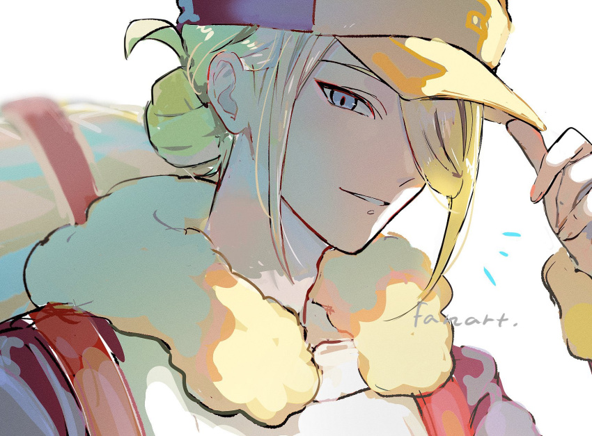 1boy bangs blonde_hair blue_eyes commentary_request fur_trim hair_over_one_eye hand_on_headwear hand_up highres long_sleeves male_focus nao_(naaa_195) parted_lips pokemon pokemon_(game) pokemon_legends:_arceus sketch smile solo strap upper_body volo_(pokemon) white_background