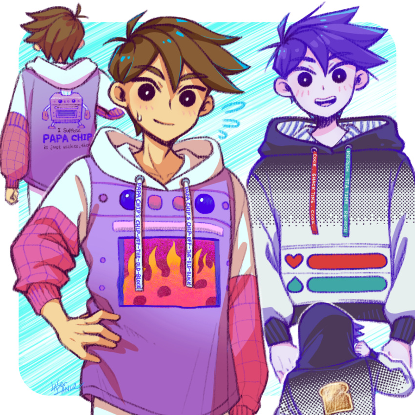 2boys blush bright_pupils brown_hair closed_mouth collarbone dark-skinned_male dark_skin flying_sweatdrops hand_on_hip hero_(omori) highres hood hoodie laser-lance long_sleeves looking_at_viewer multiple_boys omori open_mouth papa_chip_(omori) purple_hair short_hair smile teeth unmoving_pattern upper_teeth violet_eyes white_pupils